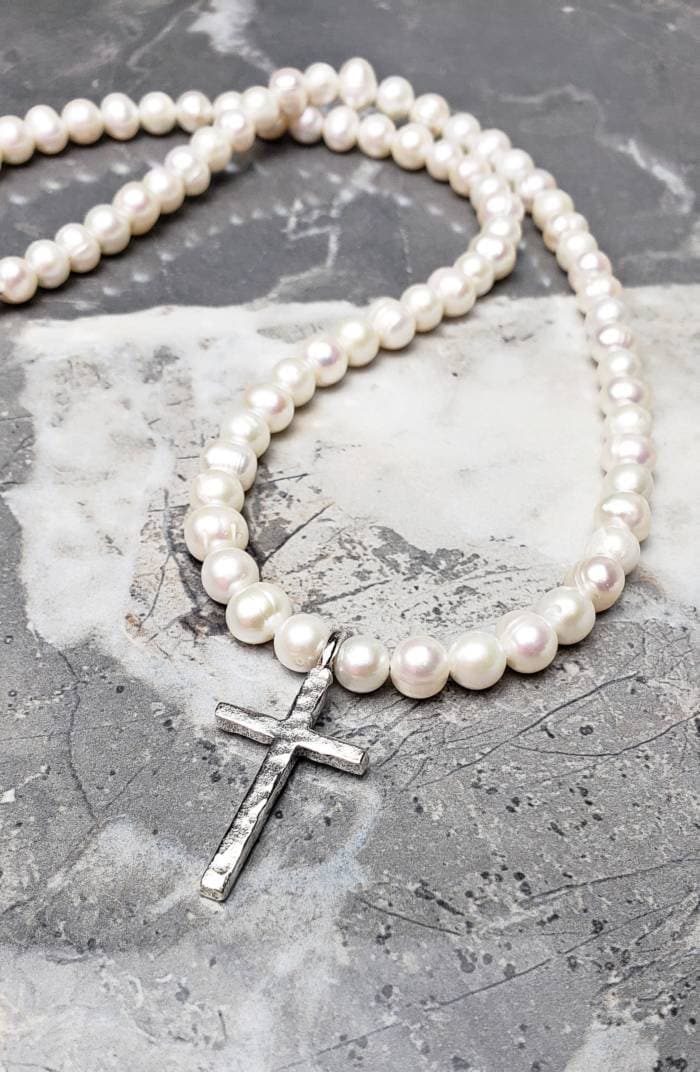 Men Baroque Freshwater Pearl Silver Cross Pendant Necklace