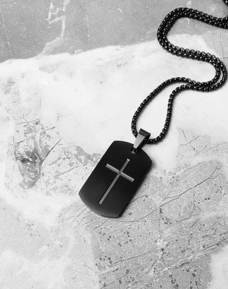 Men's "BLACK CROSS TAG" Necklace| Men's Matte Black Stainless Steel Black Cross Dog Tag Pendant Necklace| Men's Black Box Chain Necklace