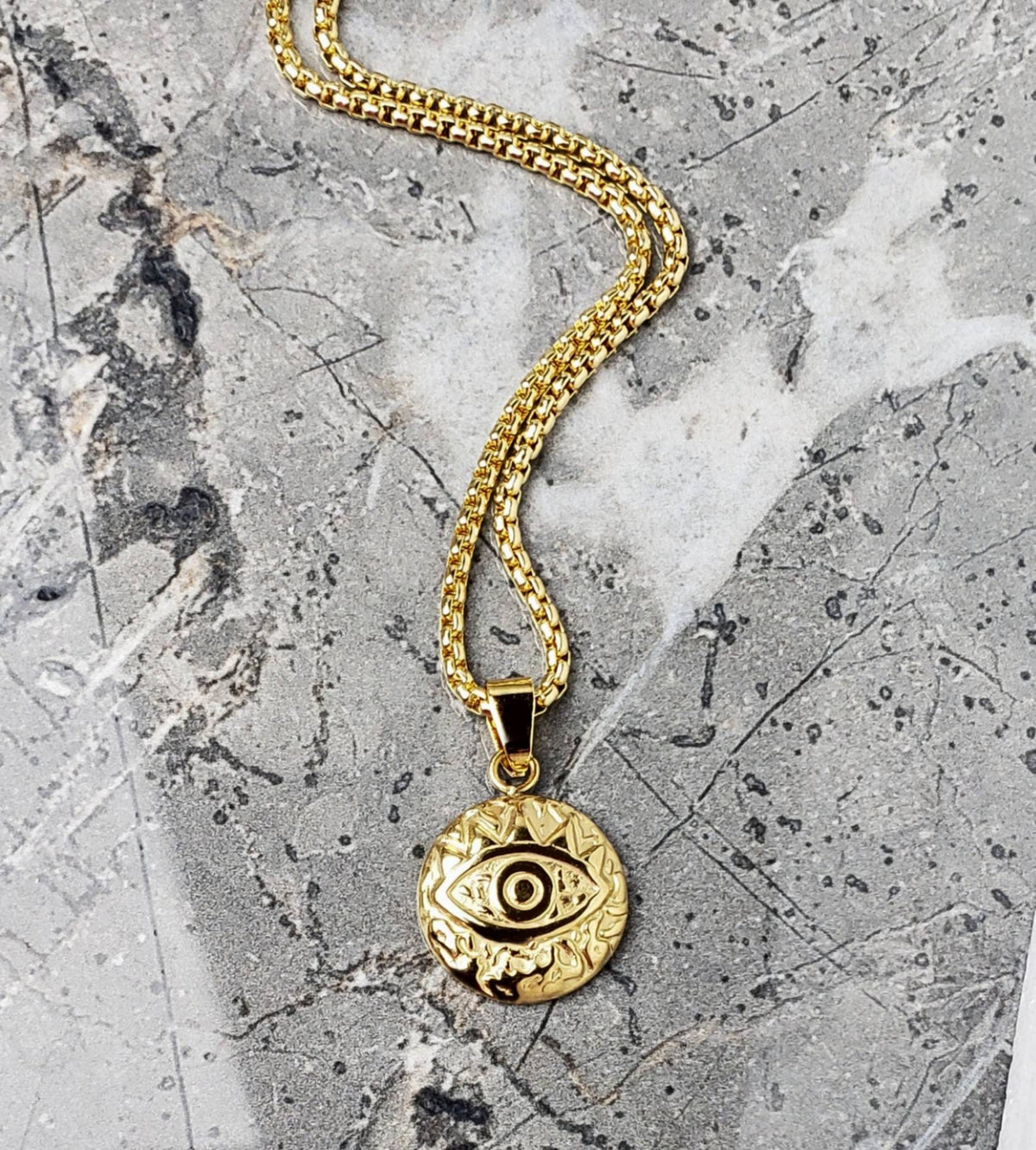 Men's "EYE OF PROTECTION" Necklace| Mens Gold Stainless Steel Evil Eye Coin Pendant Necklace| Men's Gold Stainless Steel Chain Necklace