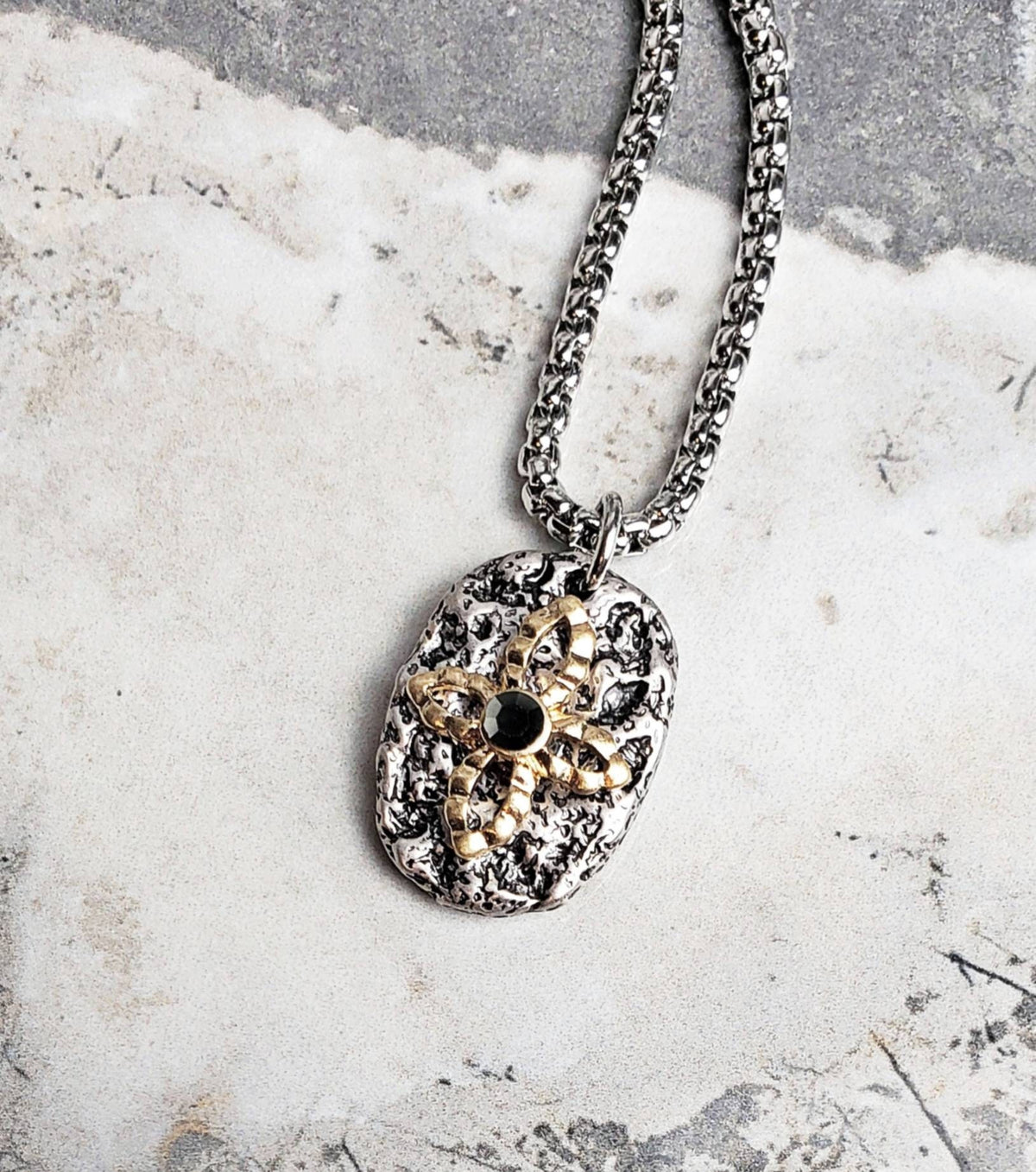 Men's "RUSTIC CROSS TAG" Necklace| Men's Black Spinel Gemstone Silver & Gold Stainless Steel Rustic Cross Dog Tag Pendant Necklace