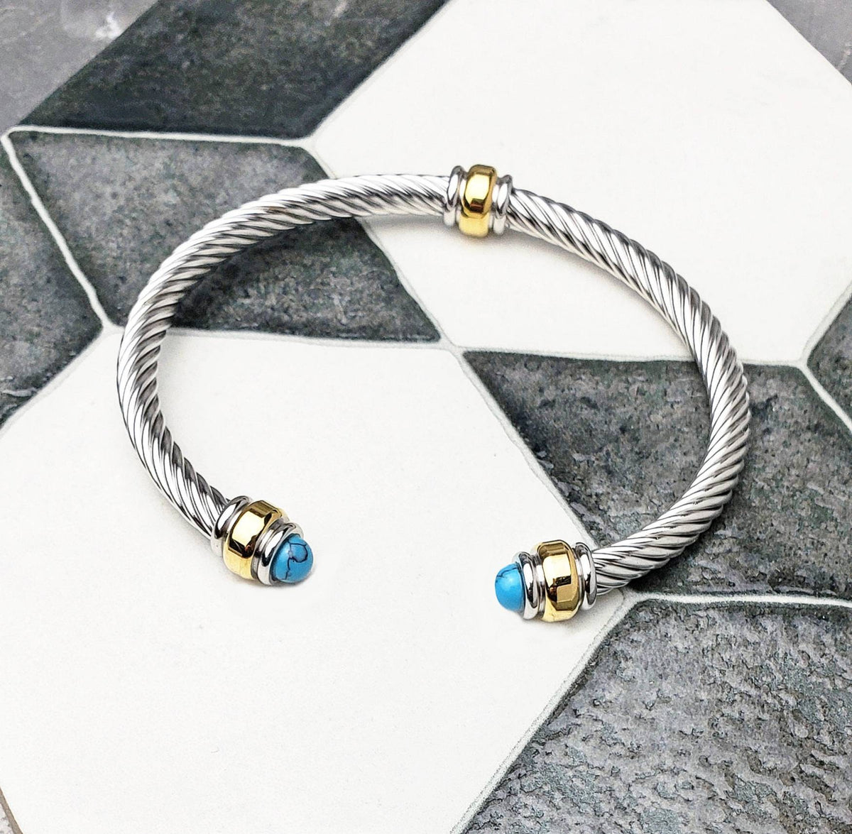 Men's "SILVER GOLD TURQUOISE" Bracelet| Men's Silver Gold Stainless Steel Turquoise Gemstone Wire Cuff Bracelet| Mens Stainless Steel Cuff