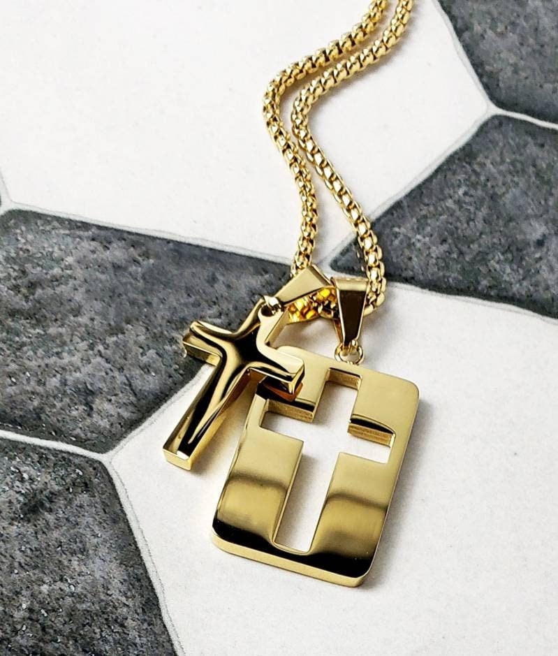 Men's "GOLD CROSS TAG" Necklace| Men's Gold Stainless Steel Cross & Cross Dog Tag Pendant Necklace| Men's Gold Box Chain Necklace