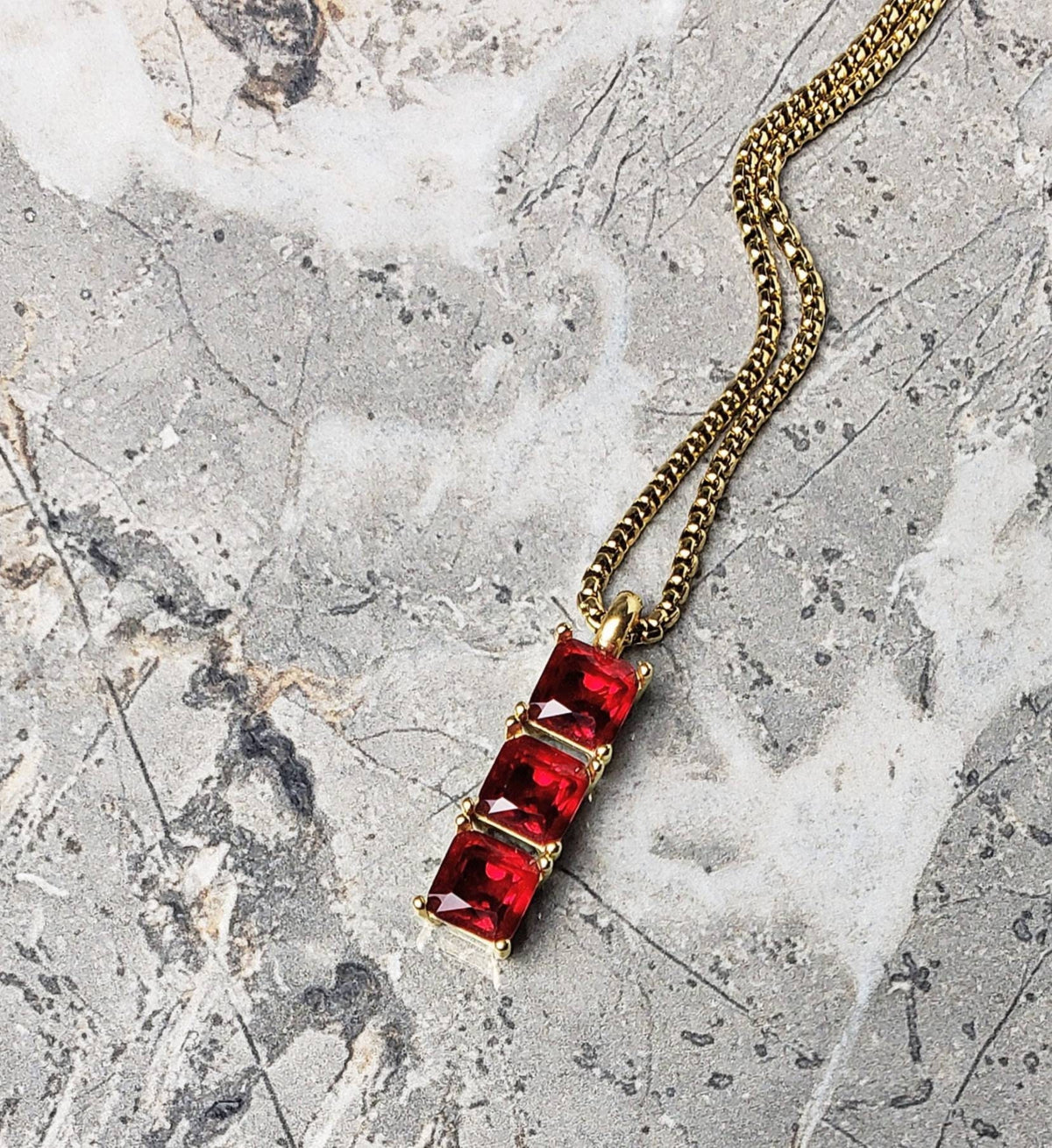 Men's "GOLD GARNET BAR" Necklace| Men's Gold Stainless Steel Garnet Bar Tag Pendant Necklace| Mens January Birthstone Garnet Necklace