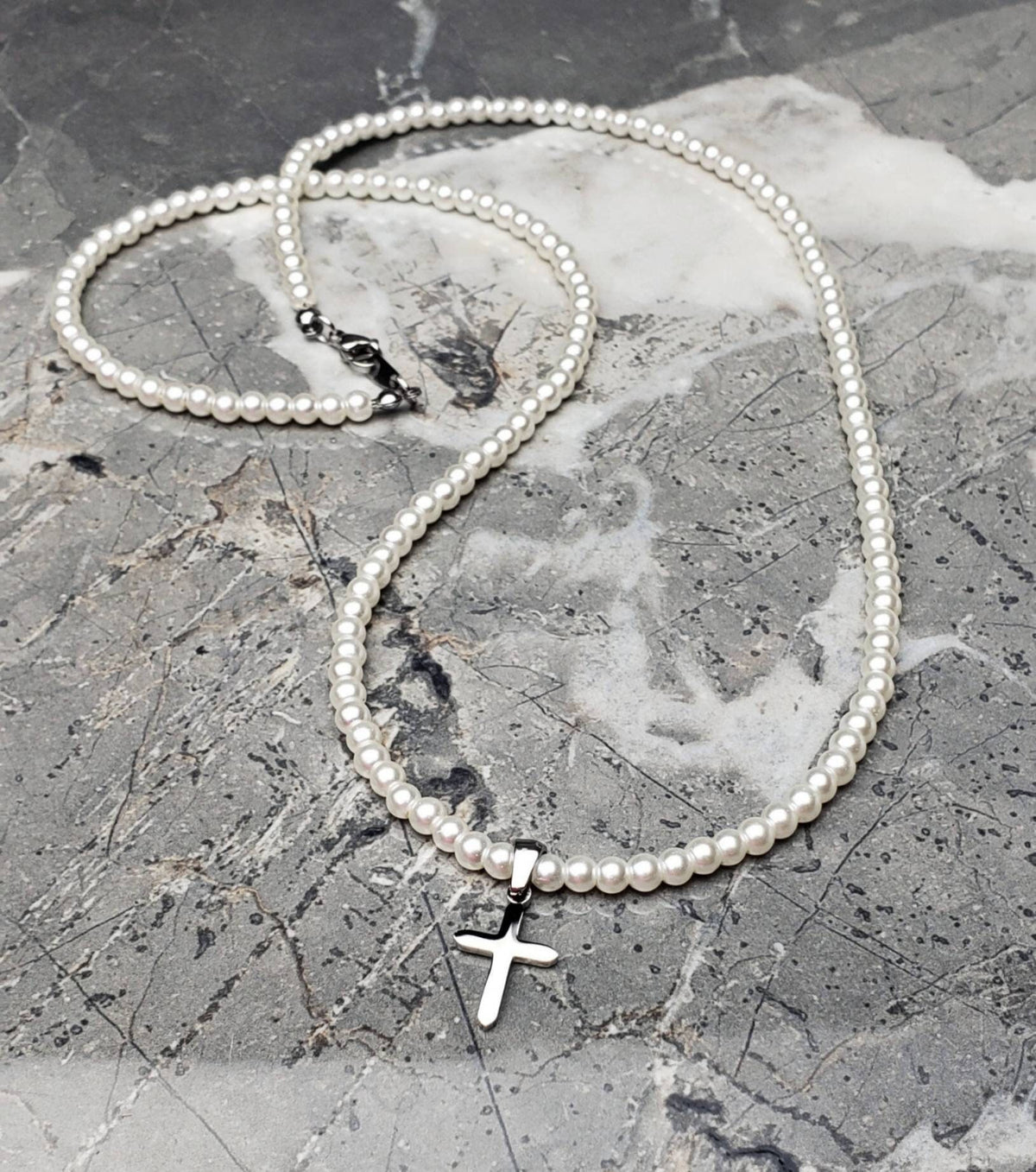 Men Ivory Shell Pearls Silver Mini Cross Pendant Necklace