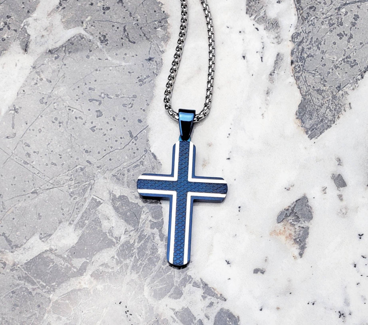 Men's "BLUE STEEL CROSS" Necklace| Men's Silver & Blue Stainless Steel Cross Pendant Necklace| Silver Stainless Steel Box Chain Necklace