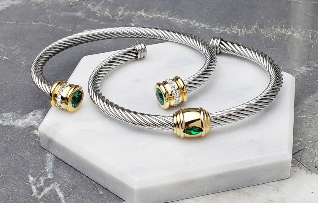 Men's "SILVER GOLD EMERALD" Bracelet| Men's Silver Gold Stainless Steel Emerald Cubic Zirconia Wire Cuff Bracelet| Mens Stainless Steel Cuff