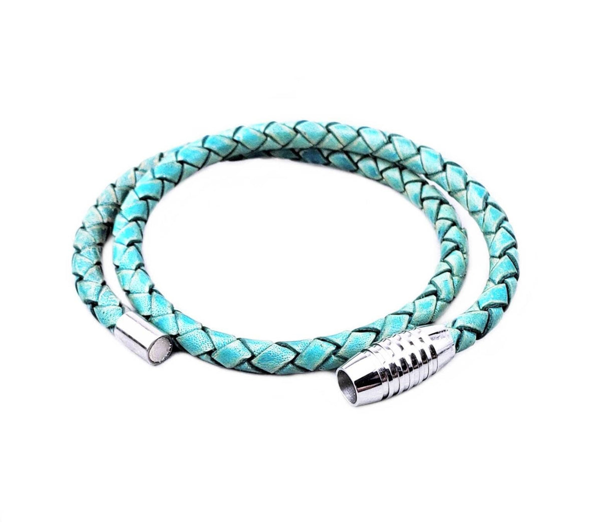 Men's "TURQUOISE LEATHER" Bracelet| Men's Turquoise Braided Leather Bolo Double Wrap Bracelet| Men's Stainless Steel Magnetic Clasp Bracelet