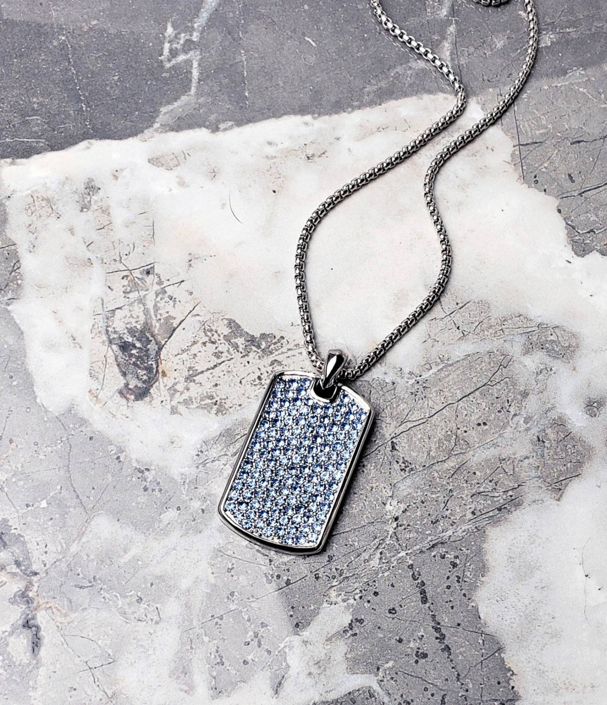 Men's "PAVÉ SAPPHIRE TAG" Necklace| Men's Silver Stainless Steel Pavé Sapphire Cubic Zirconia Dog Tag Pendant Necklace| Mens Chain Necklace