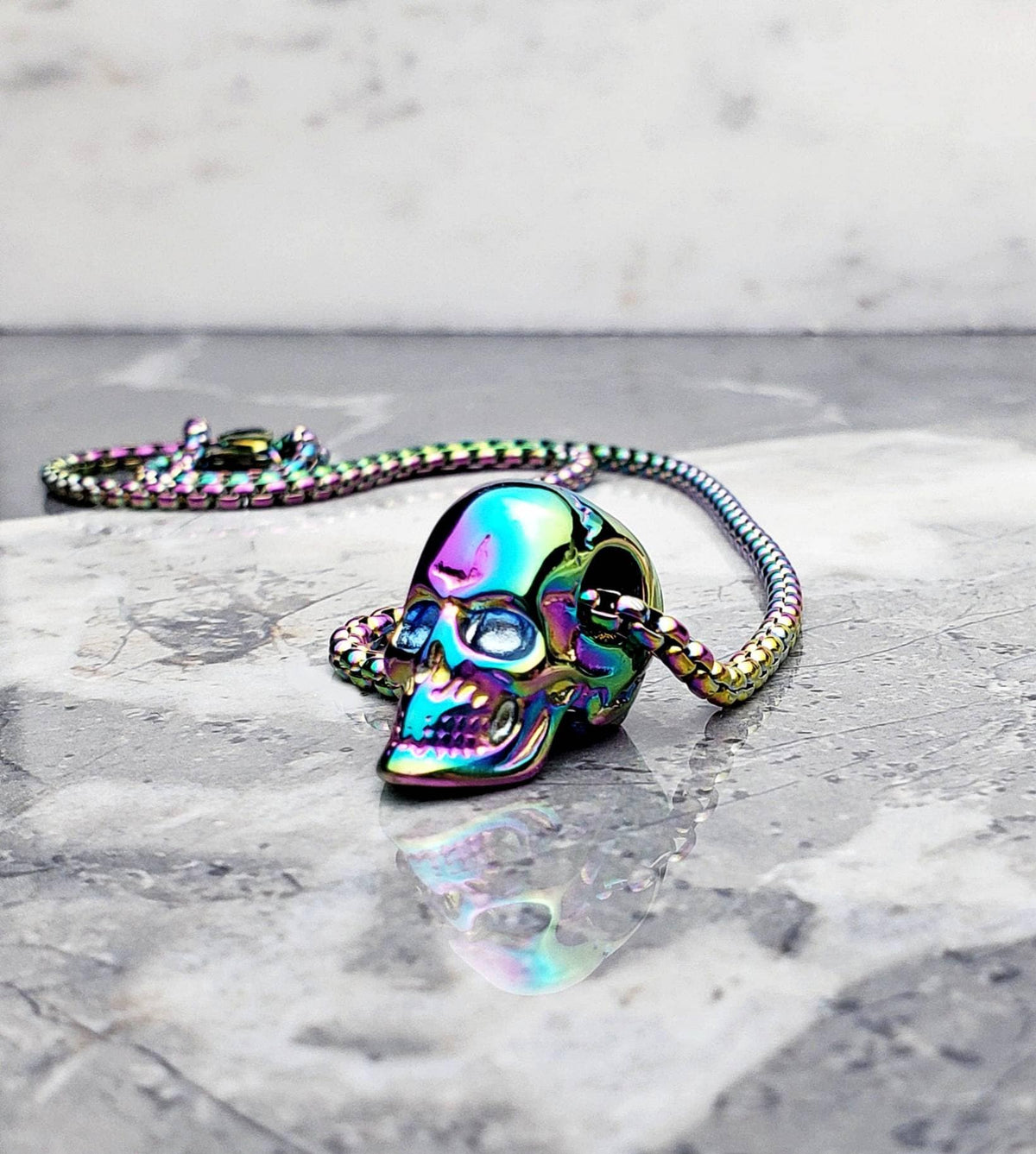Men's "MULTICOLOR STEEL SKULL" Necklace| Men's Multicolor Stainless Steel Skull Pendant Necklace| Men's Box Chain Skull Necklace