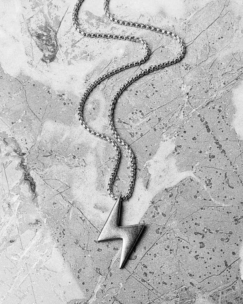 Men's "MINI THUNDER & LIGHTNING" Necklace| Men's Oxidized Silver Stainless Steel Lightning Bolt Pendant Necklace| Mens Silver Chain Necklace