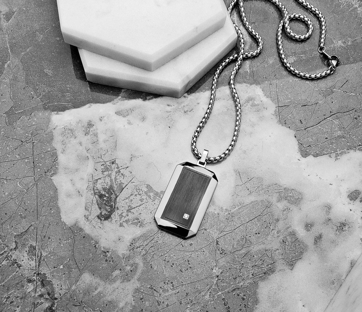 Men's "FORGED CARBON TAG" Necklace| Men's Silver Stainless Steel Forged Black Carbon Fiber Dog Tag Pendant Necklace| Mens Chain Necklace