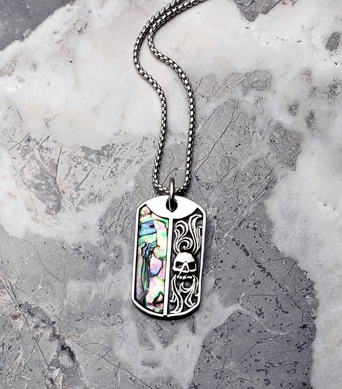 Men's "ABALONE SKULL TAG" Necklace| Men's Silver Stainless Steel Abalone Shell Inlay Skull Dog Tag Pendant Necklace| Mens Box Chain Necklace