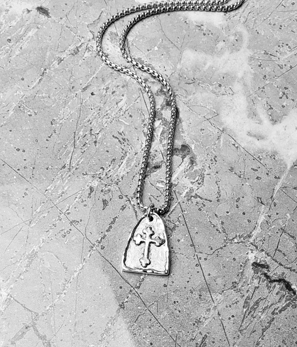 Men's "RUSTIC CROSS ARCH" Necklace| Men's Silver Stainless Steel Rustic Cross Arch Pendant Necklace| Mens Stainless Steel Box Chain Necklace