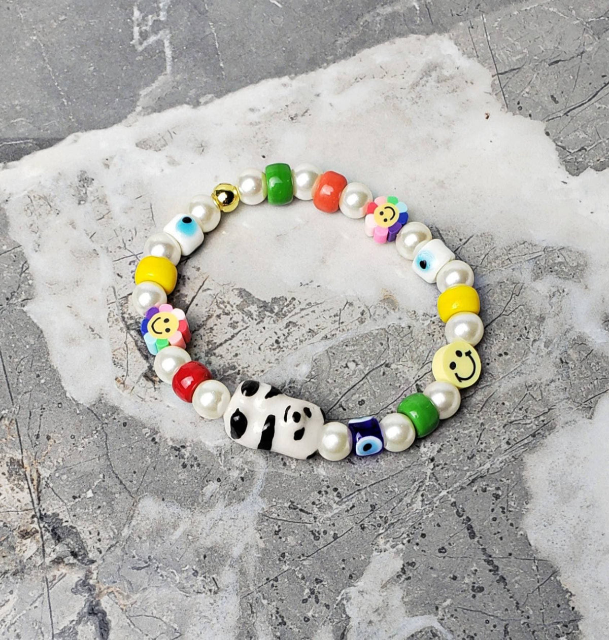 Men's "PANDA & PEARLS" Bracelet| Men's Ivory Pearls Multicolor Millefiori Evil Eye Panda Smiley Face Bead Bracelet| Men's Pearl Bracelet