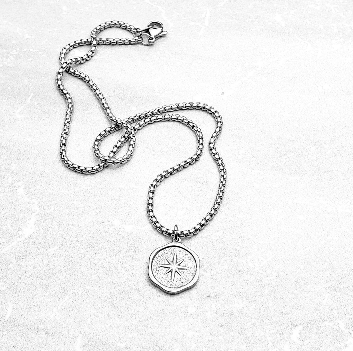 Men's "NORTH STAR COIN" Necklace| Men's Hammered Silver Stainless Steel Northstar Coin Pendant Necklace| Men's Silver Box Chain Necklace