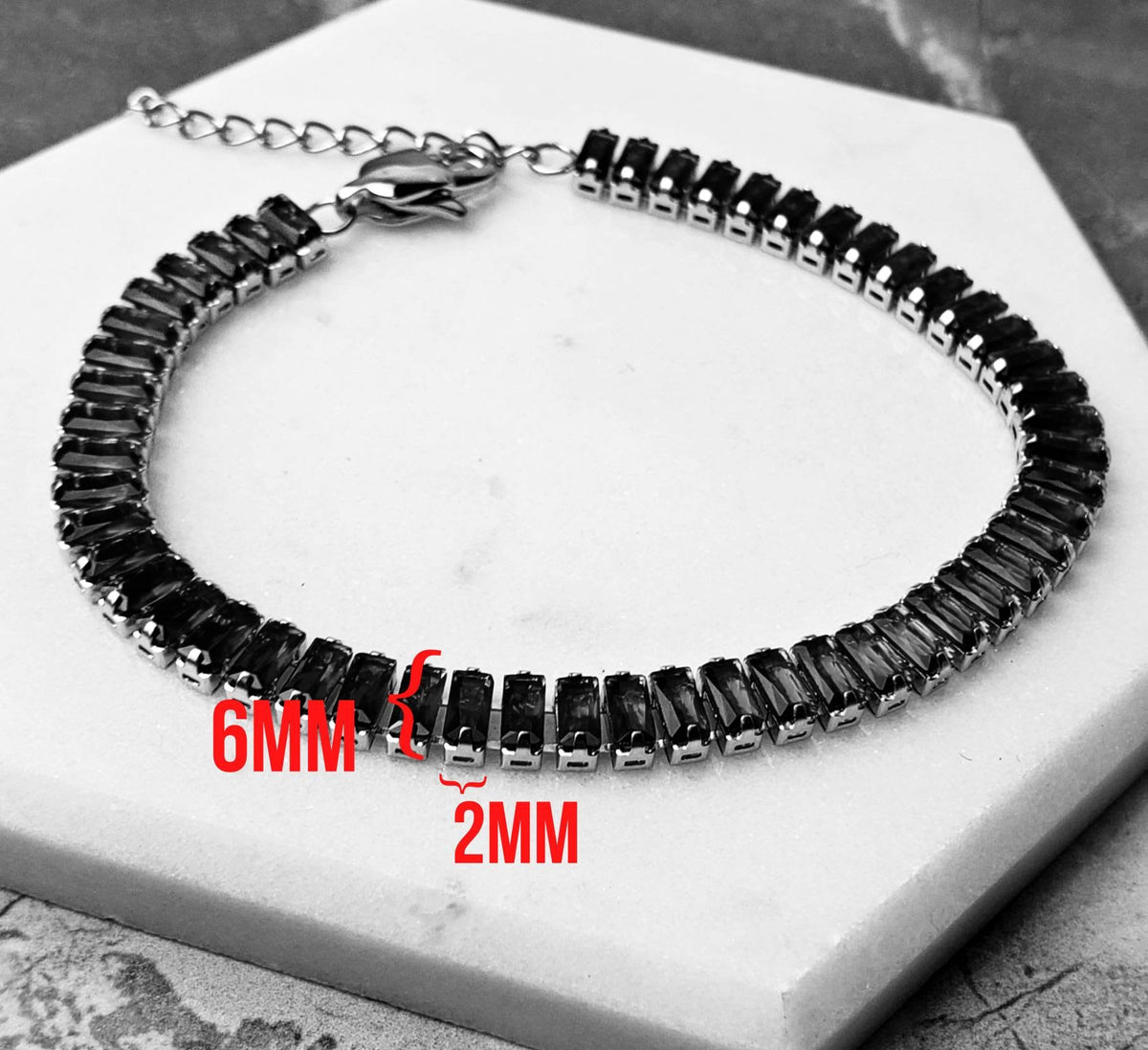Men's "GARNET BAGUETTE TENNIS" Bracelet| Men's Garnet Cubic Zirconia Silver Stainless Steel Baguette Tennis Bracelet| Men January Birthstone