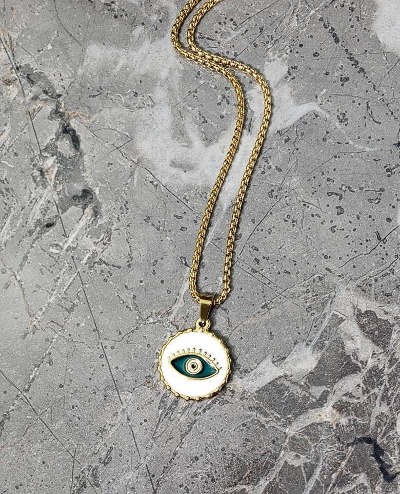 Men's "MEDITERRANEAN EVIL EYE" Necklace| Men's Gold Stainless Steel Evil Eye Coin Pendant Necklace| Men's Gold Box Chain Necklace