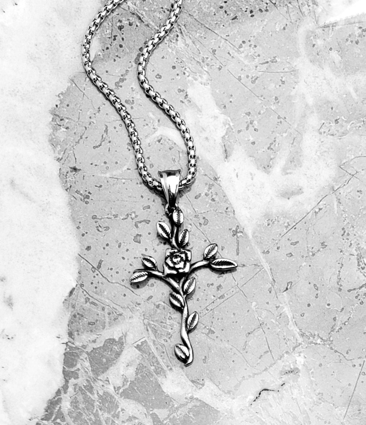 Men's "ROSE CROSS" Necklace| Men's Silver Stainless Steel Rose Cross Pendant Necklace| Mens Stainless Steel Box Chain Necklace