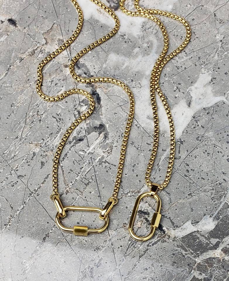 Men's "GOLD AMULET CARRIER" Necklace| Men's Gold Stainless Steel Amulet Caribiner Ring Clasp Necklace| Mens Amulet Carrier Pendant Necklaces