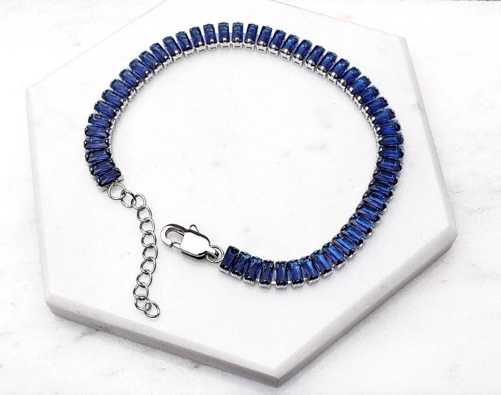 Men's "SAPPHIRE BAGUETTE" Bracelet| Men's Sapphire Cubic Zirconia Silver Stainless Steel Baguette Tennis Bracelet| Men's Bracelet