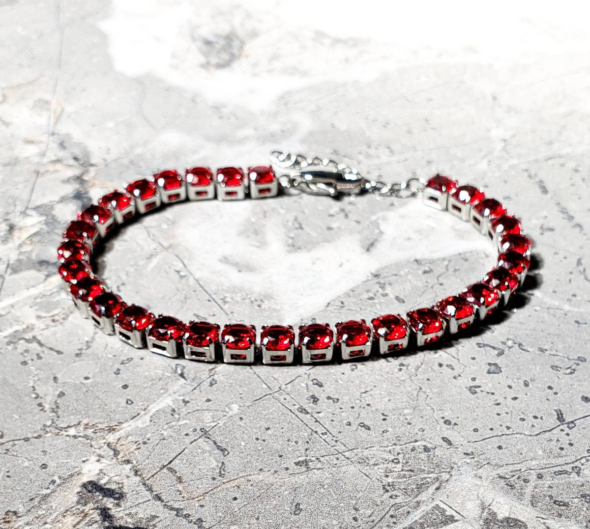 Men's "SILVER GARNET TENNIS" Bracelet| Men's Garnet Cubic Zirconia Silver Stainless Steel Tennis Bracelet| Men's Silver Tennis Bracelet