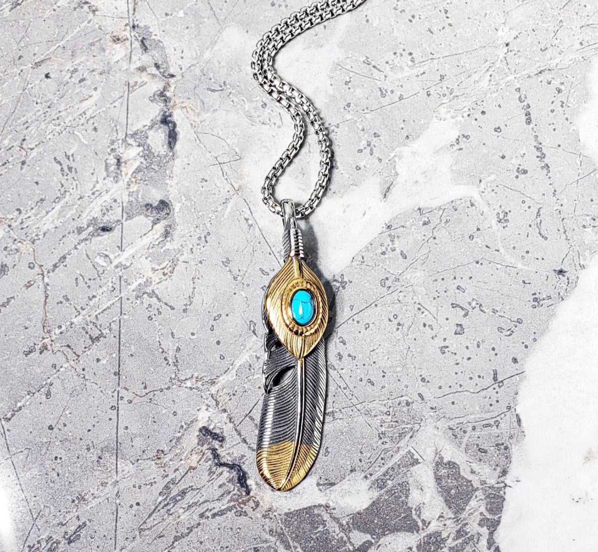 Men's "TRIBAL TURQUOISE FEATHER" Necklace| Men's Silver & Gold Stainless Steel Turquoise Gemstone Tribal Eagle Feather Pendant Necklace