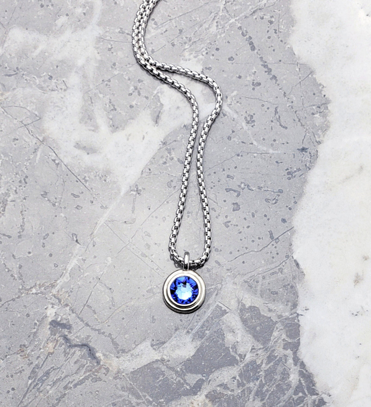 Men's "SILVER SAPPHIRE COIN" Necklace| Men's Silver Stainless Steel Mini Sapphire Coin Pendant Necklace| Men's September Birthstone Necklace