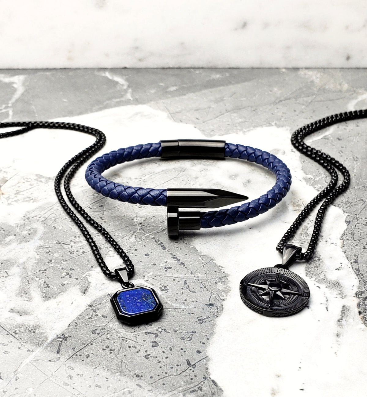 Men's "SAPPHIRE LEATHER CUFF" Bracelet| Men's Sapphire Braided Italian Leather Black Stainless Steel Cuff Bracelet