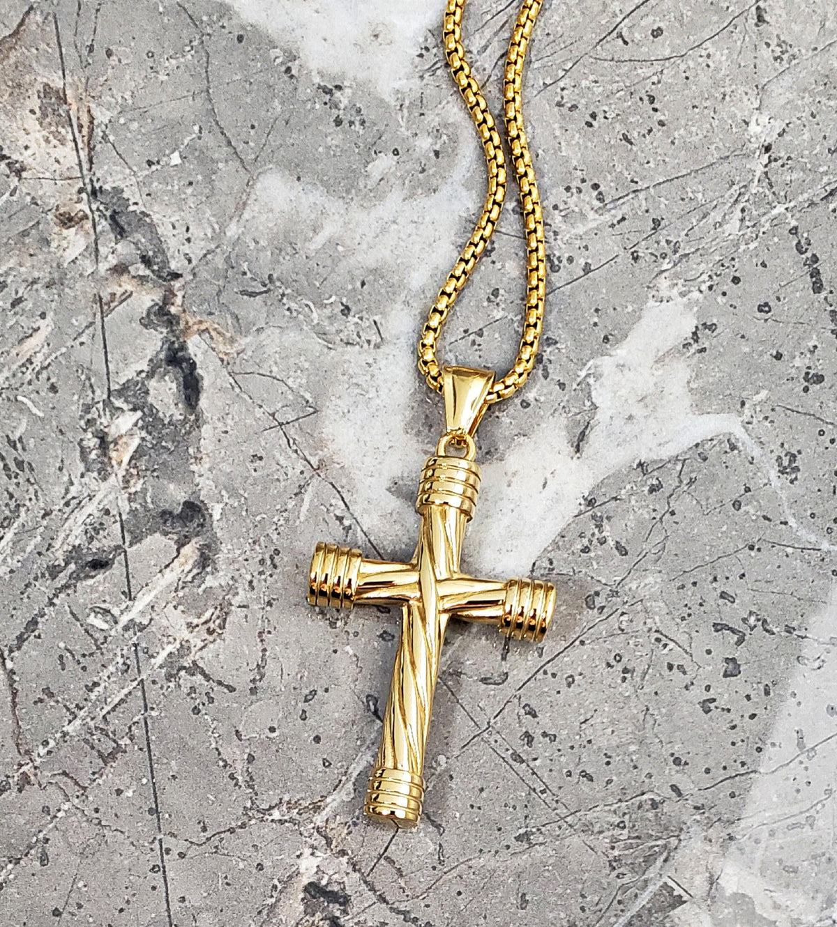 Men's "GOLD TWISTED CROSS" Necklace| Men's Gold Stainless Steel Twisted Cross Pendant Necklace| Mens Gold Stainless Steel Box Chain Necklace