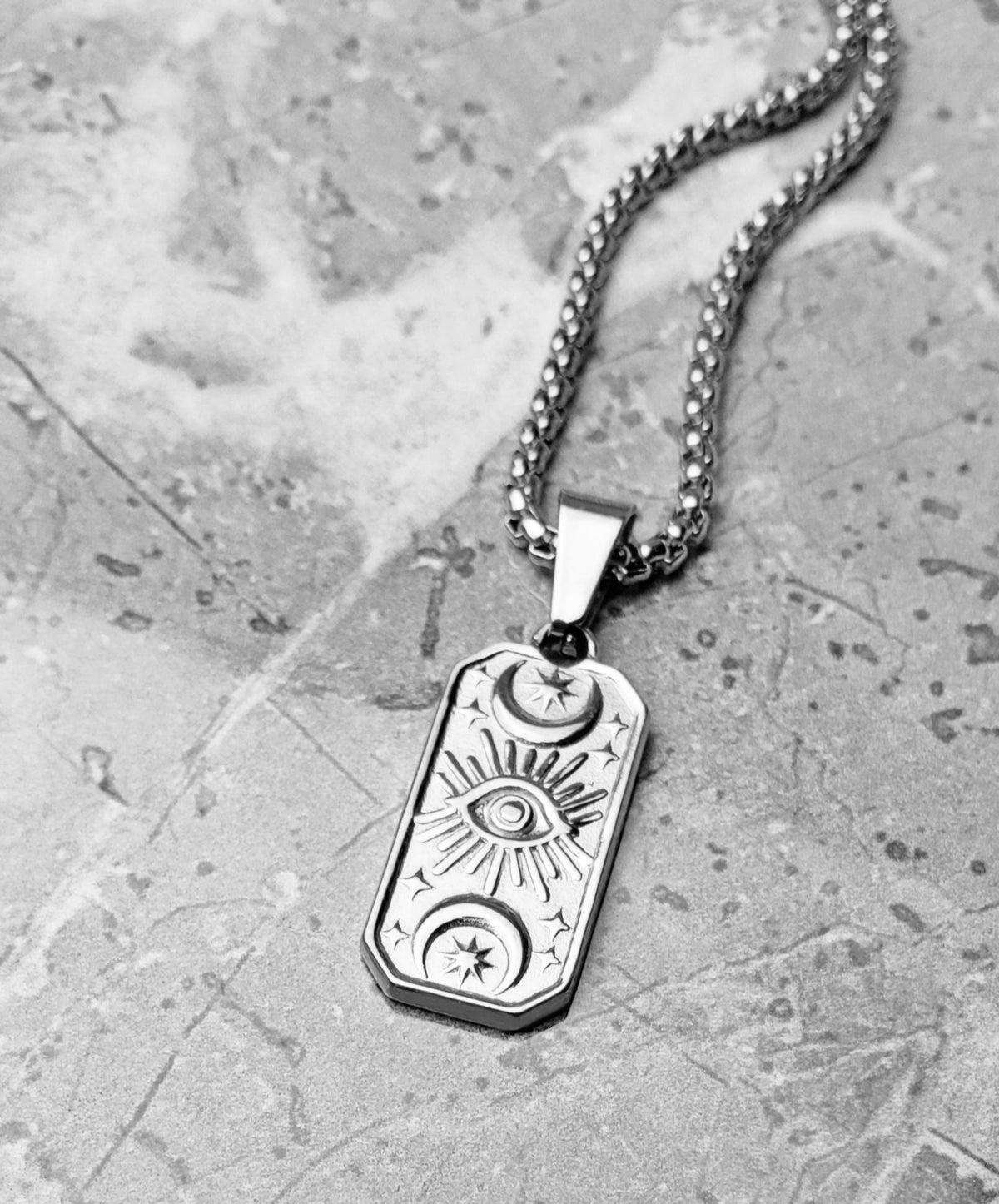 Men's "PROTECTION EVIL EYE" Necklace| Men's Silver Stainless Steel Evil Eye Dog Tag Pendant Necklace| Mens Silver Box Chain Pendant Necklace