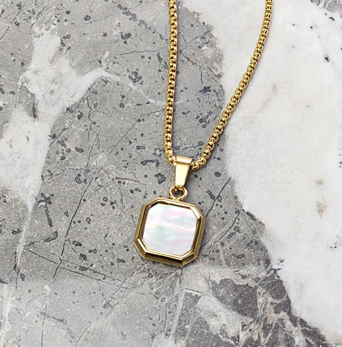 Men's "MOTHER OF PEARL" Necklace| Men's Gold Stainless Steel Mother of Pearl Octagon Inlay Square Pendant Necklace| Men Gold Chain Necklace