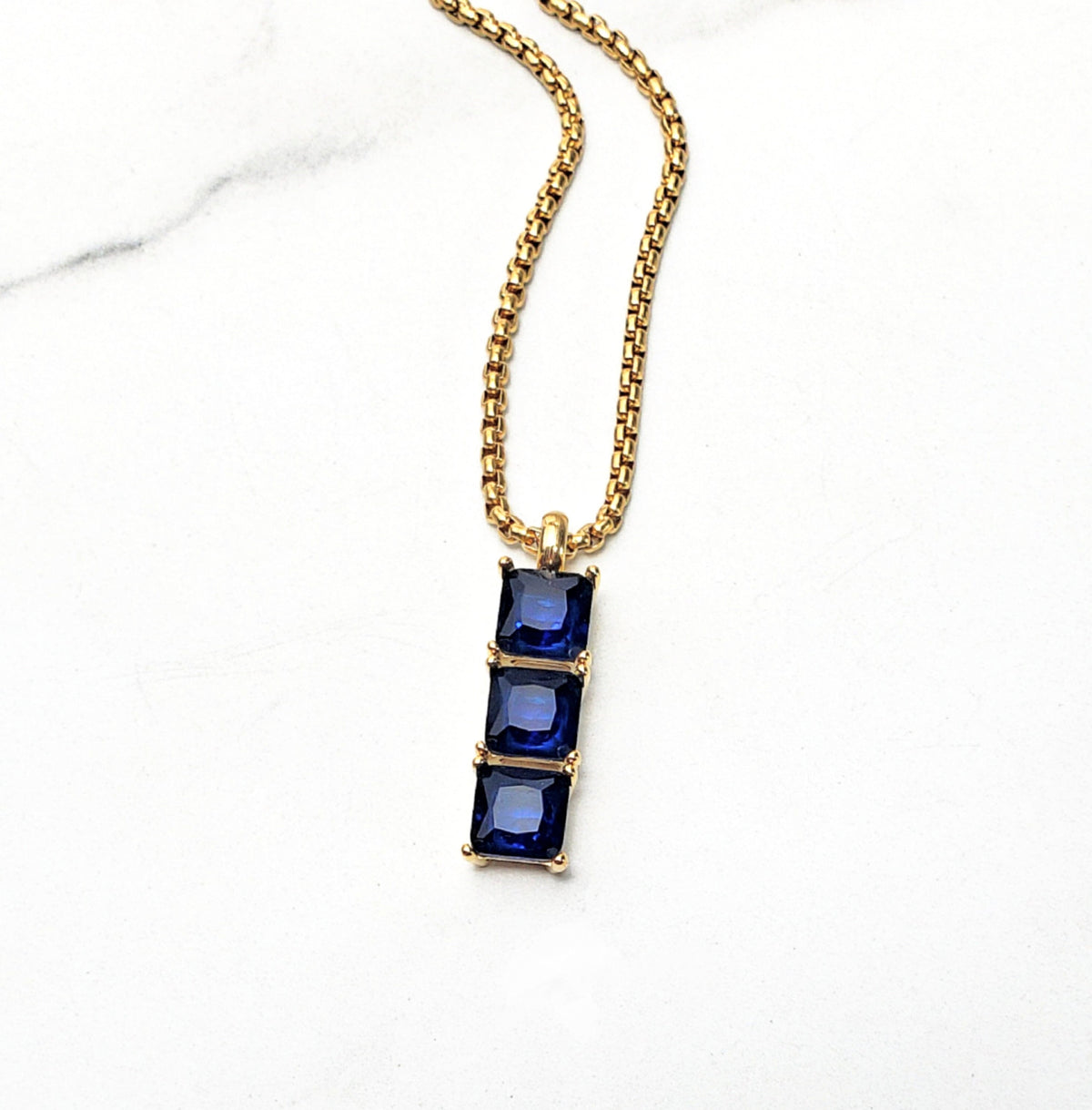 Men's "GOLD SAPPHIRE BAR" Necklace| Men's Gold Stainless Steel Sapphire Bar Tag Pendant Necklace| Mens September Birthstone Necklace