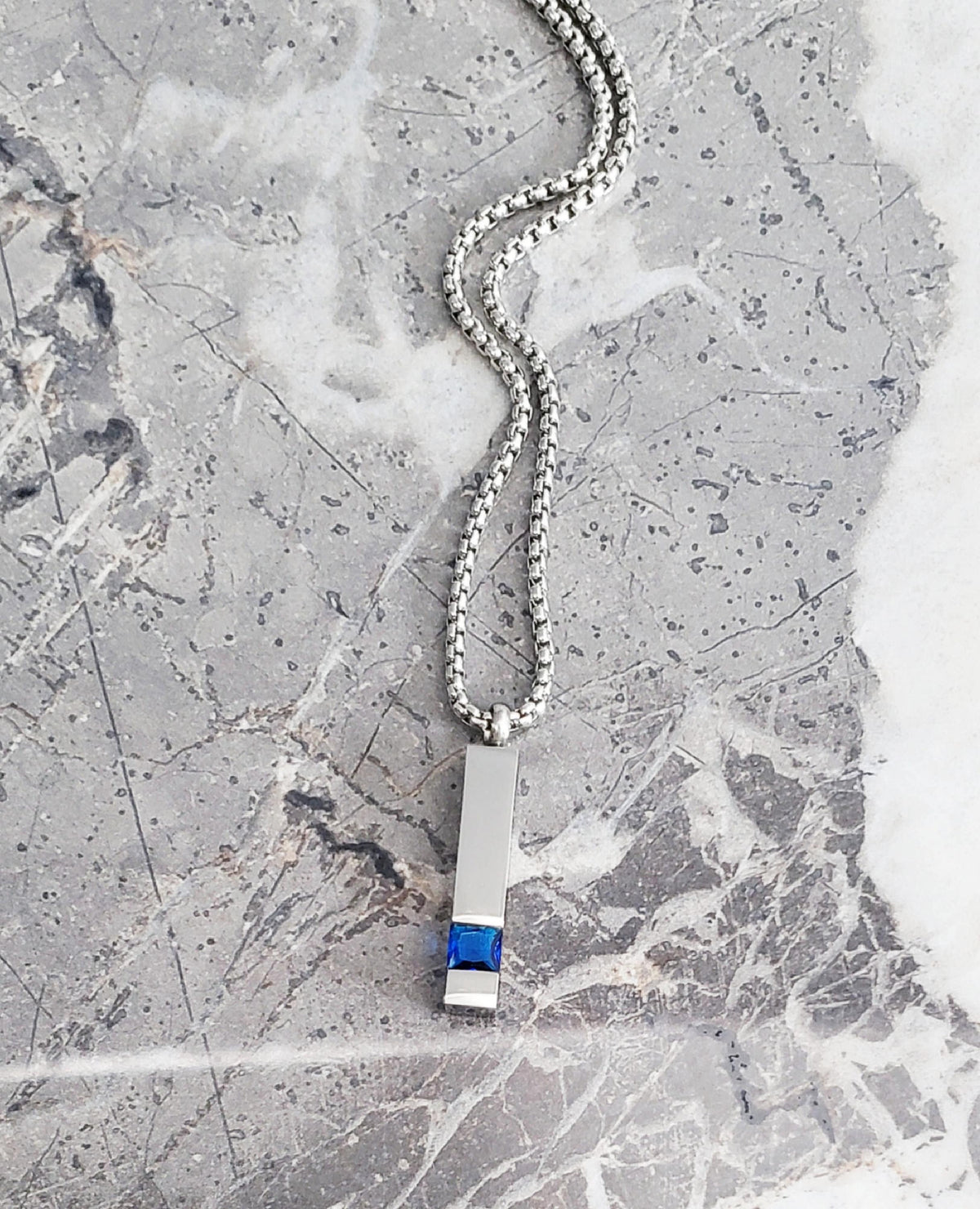 Men's "SILVER SAPPHIRE BAR" Necklace| Men's Silver Stainless Steel Sapphire Bar Tag Pendant Necklace| Mens Silver Sapphire Bar Necklace