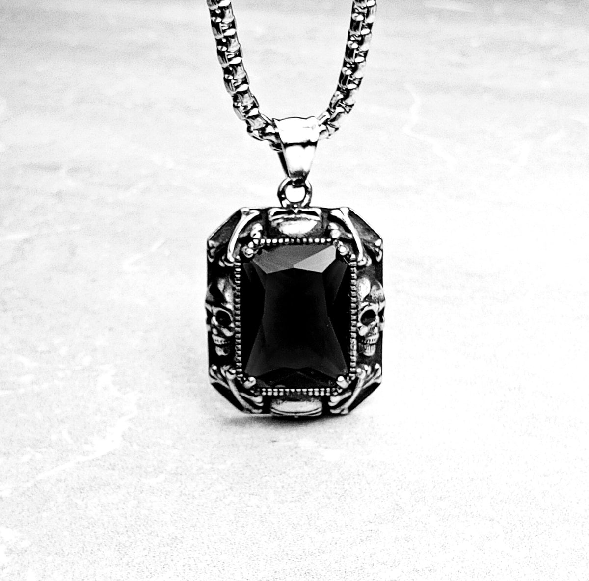 Men's "ONYX SKULL TAG" Necklace| Men's Silver Stainless Steel Skull Black Onyx Stone Pendant Necklace| Mens Stainless Steel Chain Necklace