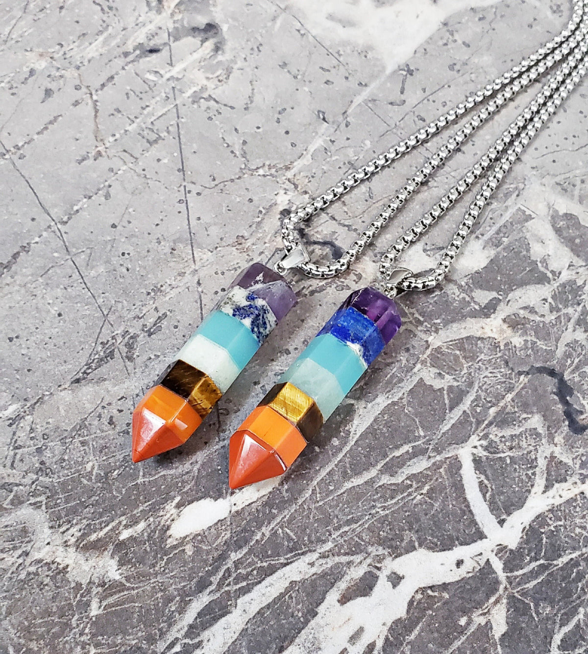 Men's "CHAKRA STONE AMULET" Necklace| Men's Silver Stainless Steel Chakra Stone Point Amulet Pendant Necklace| Men's Silver Chain Necklace