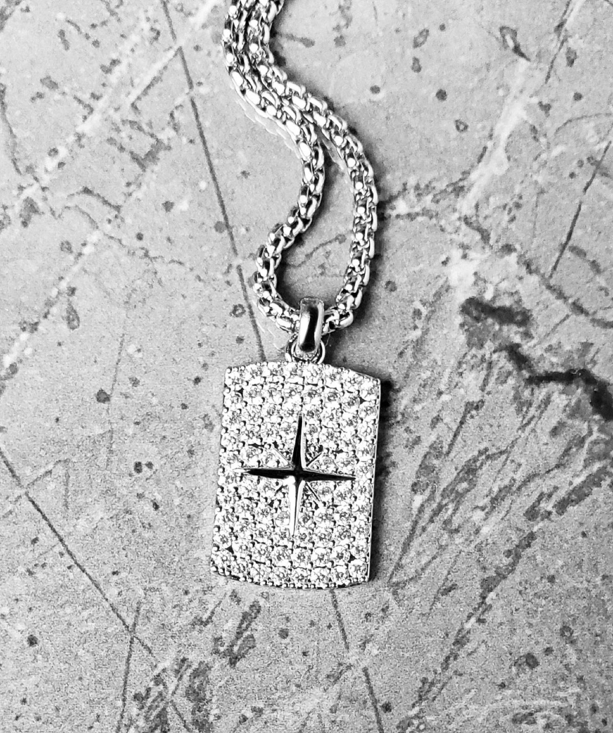 Men's "NORTH STAR TAG" Necklace| Men's Pavé Cubic Zirconia Silver Stainless Steel Northstar Dog Tag Pendant Necklace| Men's Chain Necklace