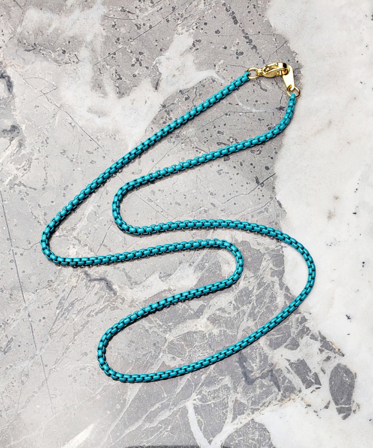 Men's "TURQUOISE BOX CHAIN" Necklace| Men's Dark Turquoise Stainless Steel Box Chain Necklace| Men Dark Turquoise Box Chain Necklace