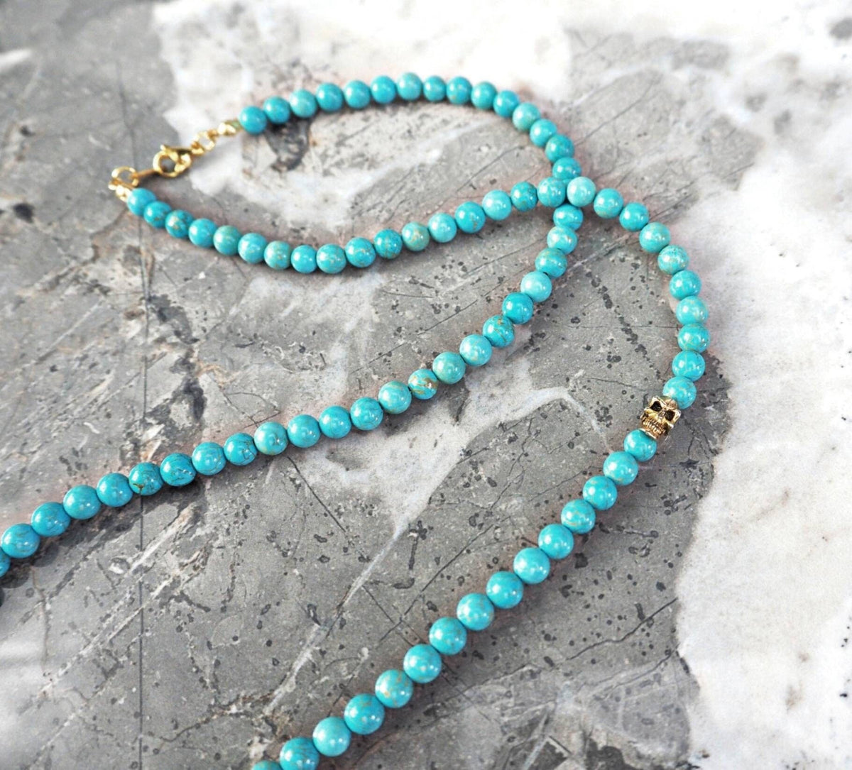 Men's "RUSTIC SKULL & TURQUOISE" Necklace| Men's Gold Skull Beaded Necklace| Men's Turquoise Gemstone Gold Skull Beaded Necklace