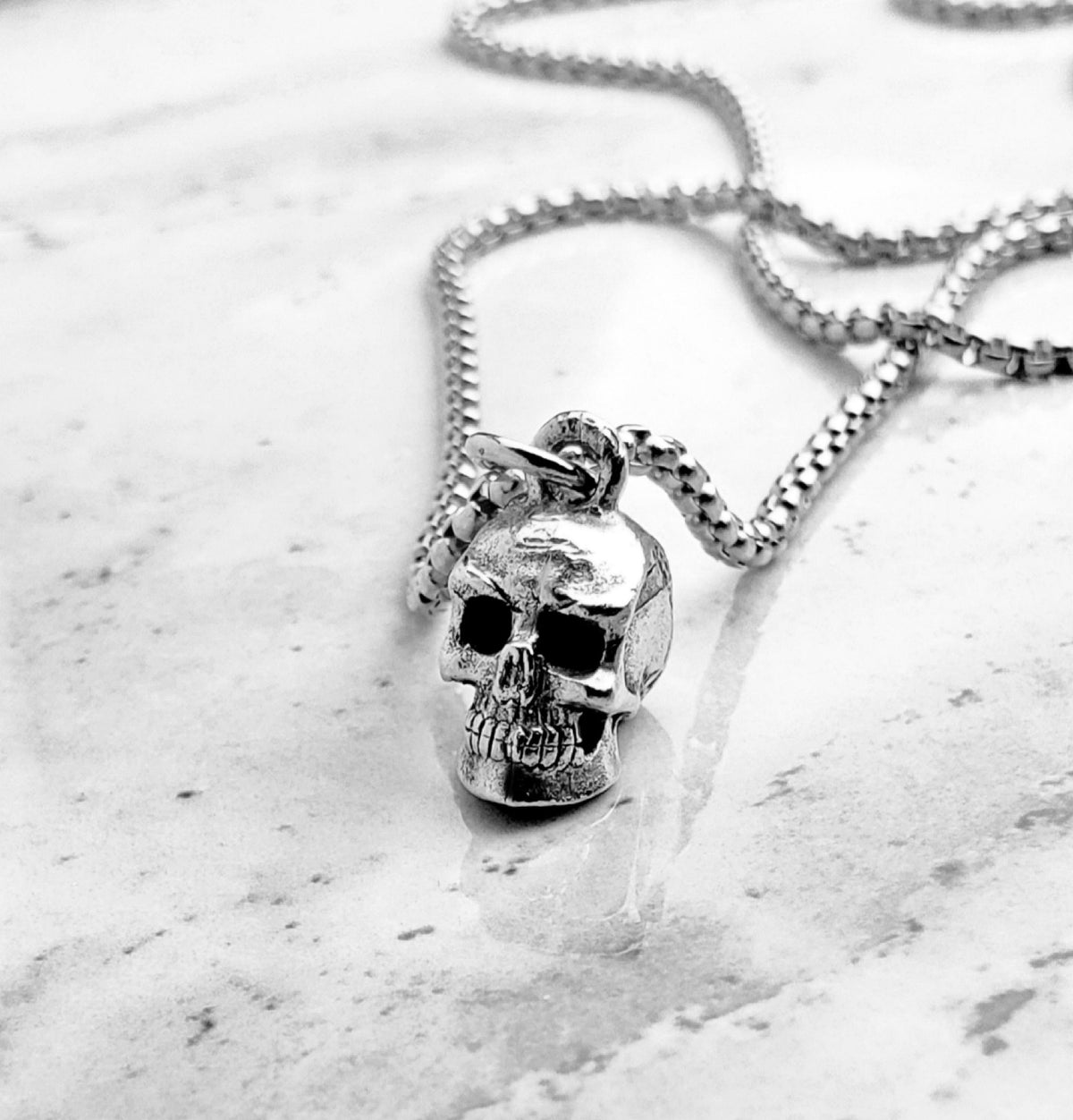 Men's "RUSTIC SILVER SKULL" Necklace| Men's Silver Stainless Steel Rustic Mini Skull Pendant Necklace| Men's Silver Box Chain Necklace