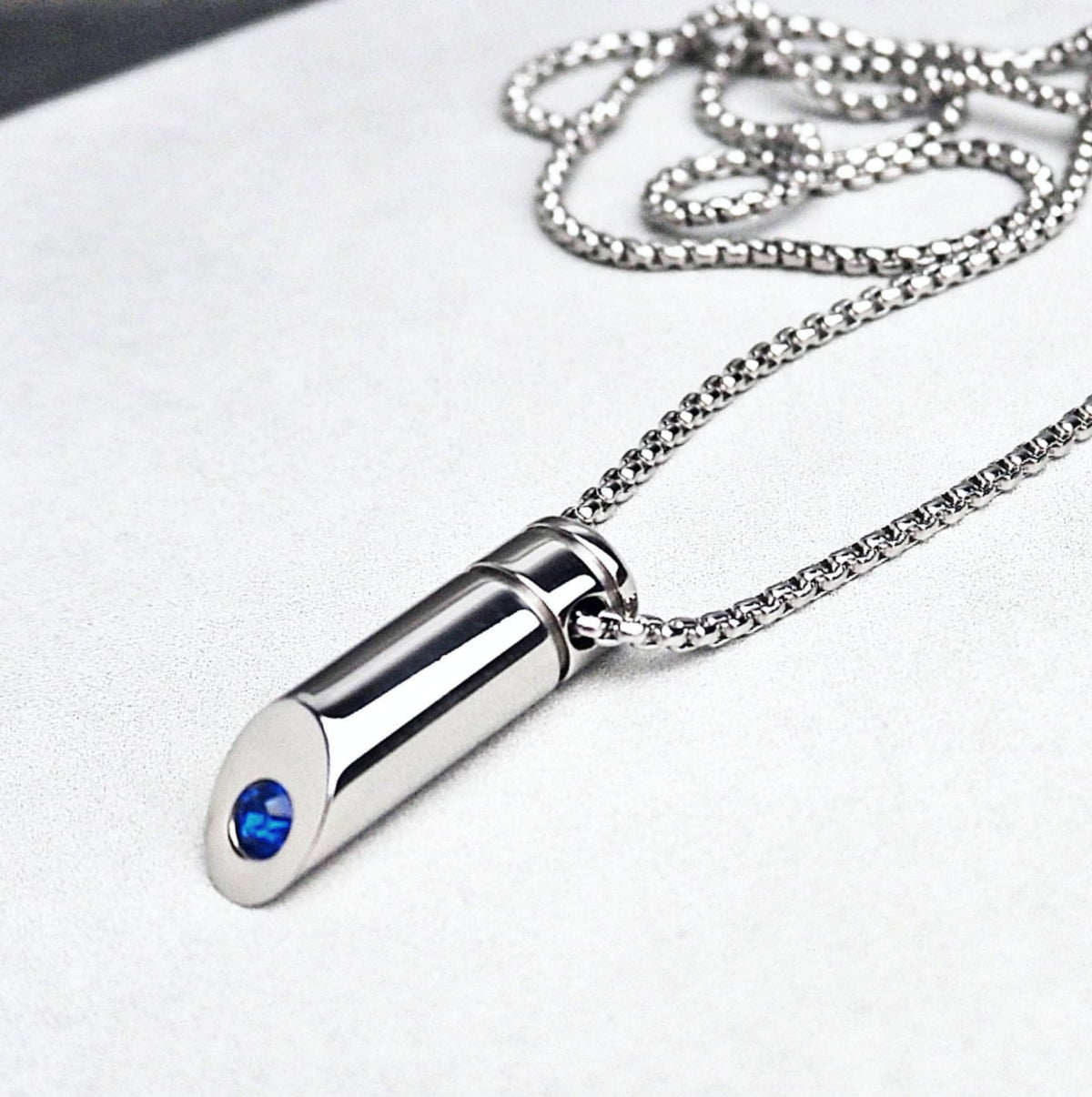 Men's "SAPPHIRE BULLET" Necklace| Men's Sapphire Silver Stainless Steel Bullet Pendant Necklace| Men's September Birthstone Necklace