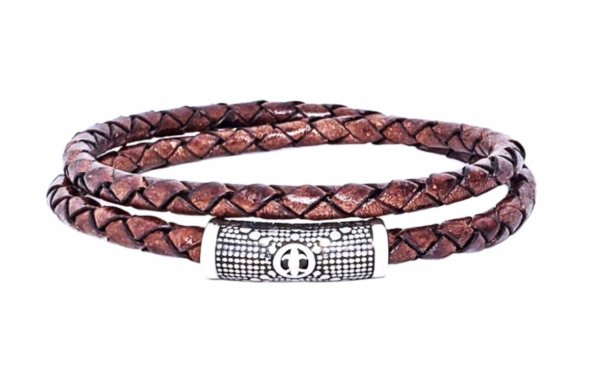 Men's "LEATHER BOLO WRAP" Bracelet| Men's Brown Leather Bolo Wrap Bracelet| Men's Stainless Steel Fleur de Lis Magnetic Clasp Bracelet