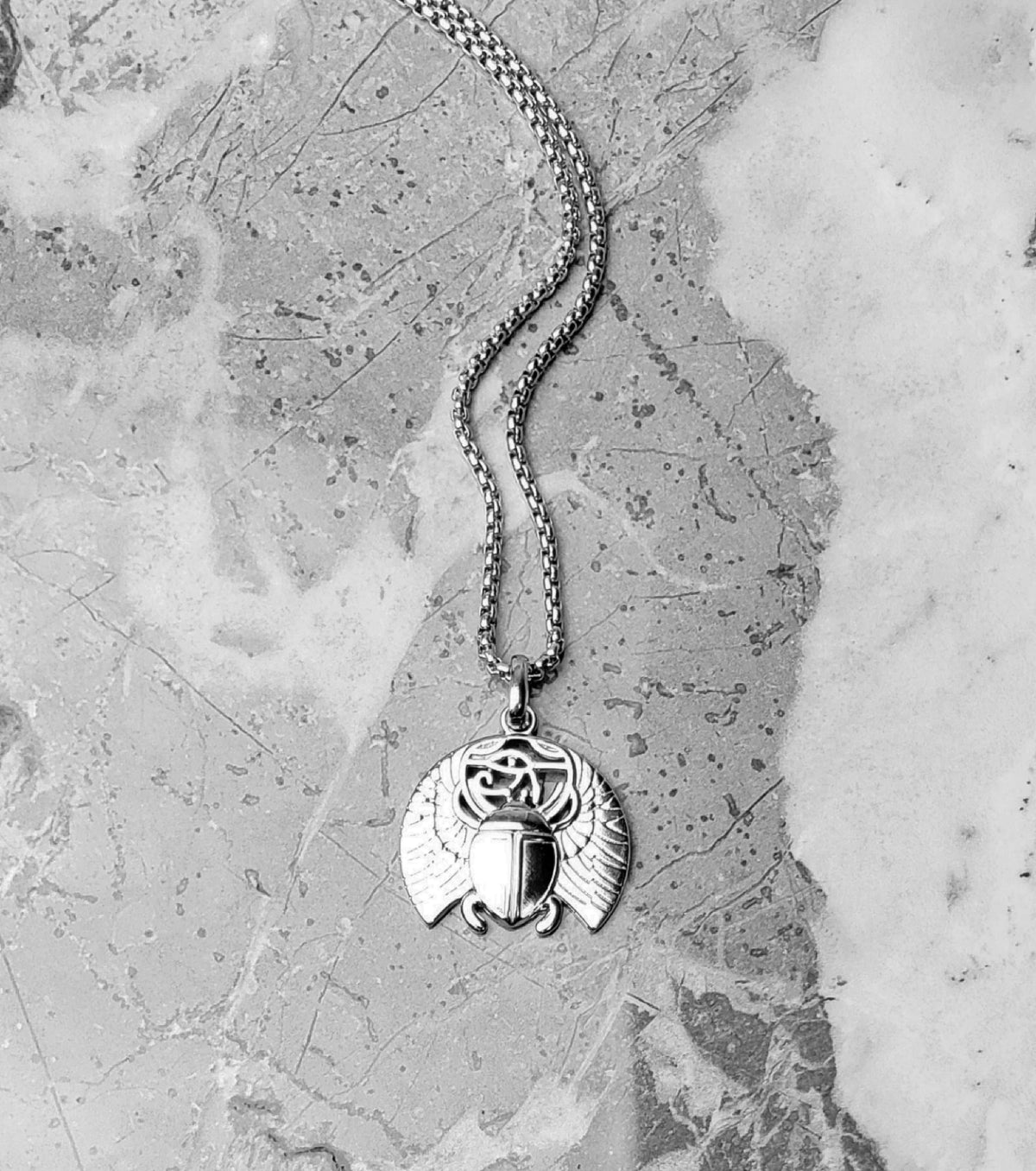 Men's "SCARAB PROTECTION TALISMAN" Necklace| Men's Silver Stainless Steel Scarab Amulet Pendant Necklace| Men's Silver Box Chain Necklace