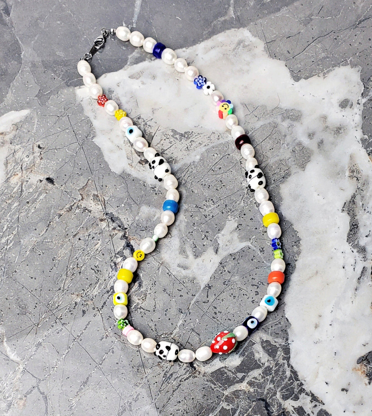 Men's "PANDA & BAROQUE PEARLS" Necklace| Men's Multicolored Millefiori Strawberry Evil Eye Panda Freshwater Baroque Pearls Beaded Necklace