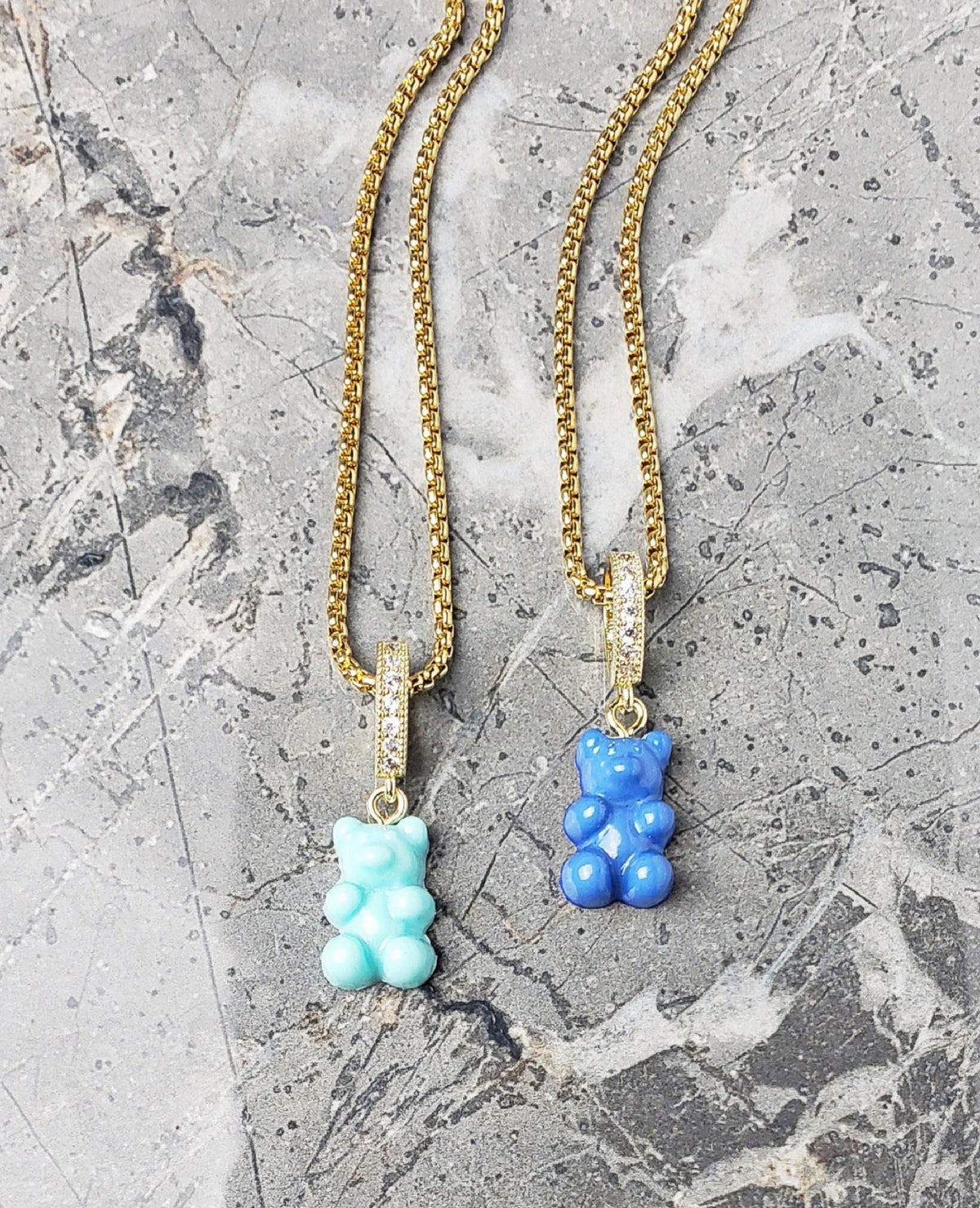 Men's "PAVÉ TURQUOISE BEAR" Necklace| Men's Gold Stainless Steel Pavé Cubic Zirconia Turquoise Bear Pendant Necklace| Men's Gold Box Chain