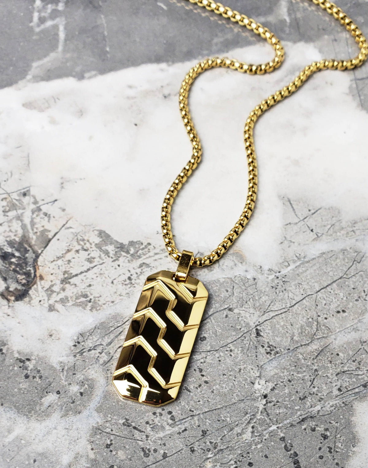 Men's "GOLD CHEVRON TAG" Necklace| Men's Gold Stainless Steel Sculpted Chevron Dog Tag Pendant Necklace| Men's Gold Box Chain Necklace