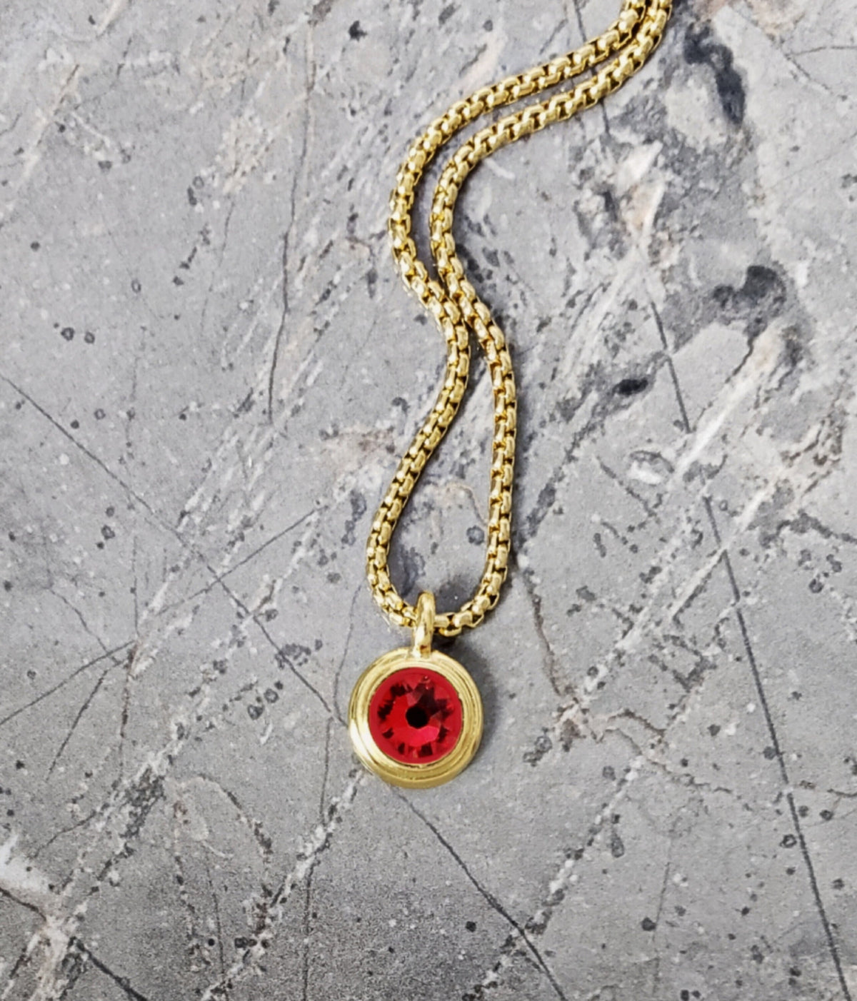 Men's "GOLD RUBY COIN" Necklace| Men's Gold Stainless Steel Mini Ruby Coin Pendant Necklace| Mens July Birthstone Ruby Pendant Necklace