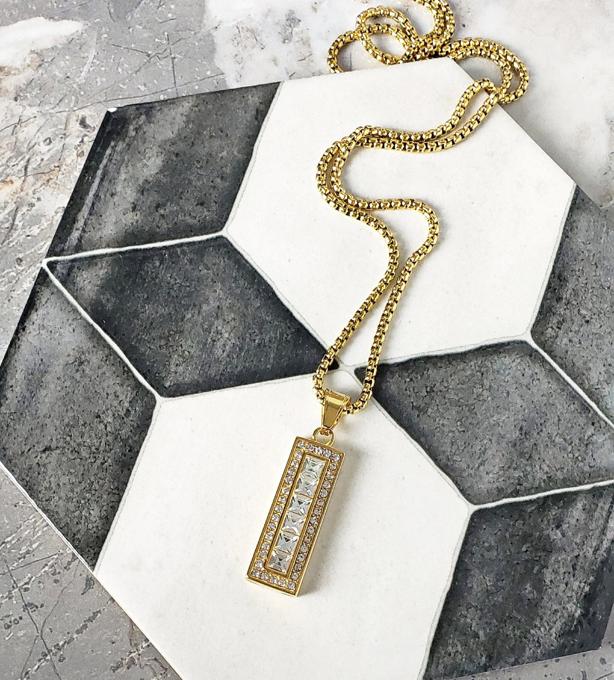 Men's "GOLD CZ BAR" Necklace| Men's Gold Stainless Steel Cubic Zirconia Bar Tag Pendant Necklace| Mens Gold Cubic Zirconia Bar Necklace