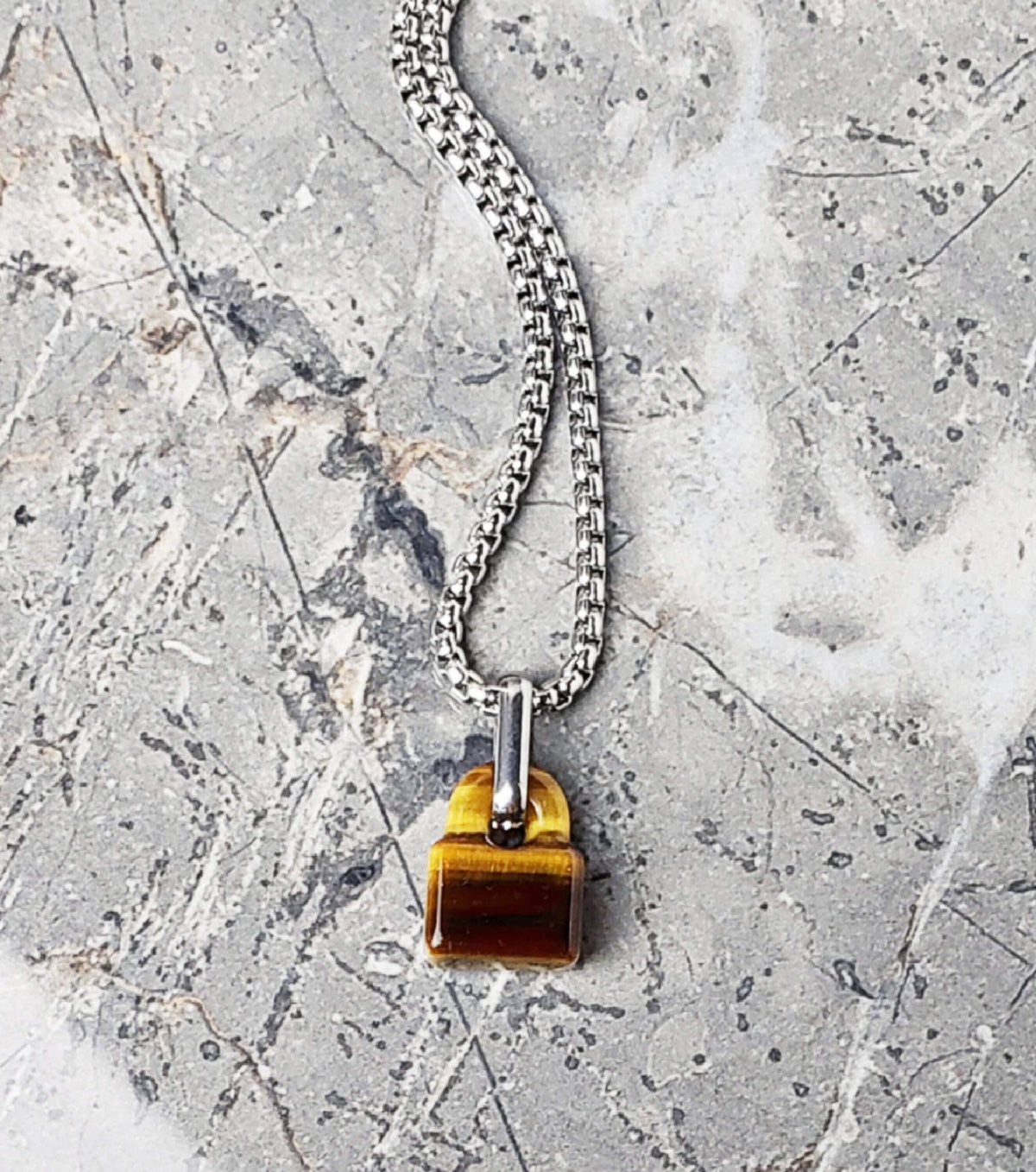 Men's "TIGER EYE PADLOCK" Necklace| Mens Silver Stainless Steel Tiger Eye Gemstone Padlock Pendant Necklace| Mens Box Chain Necklace