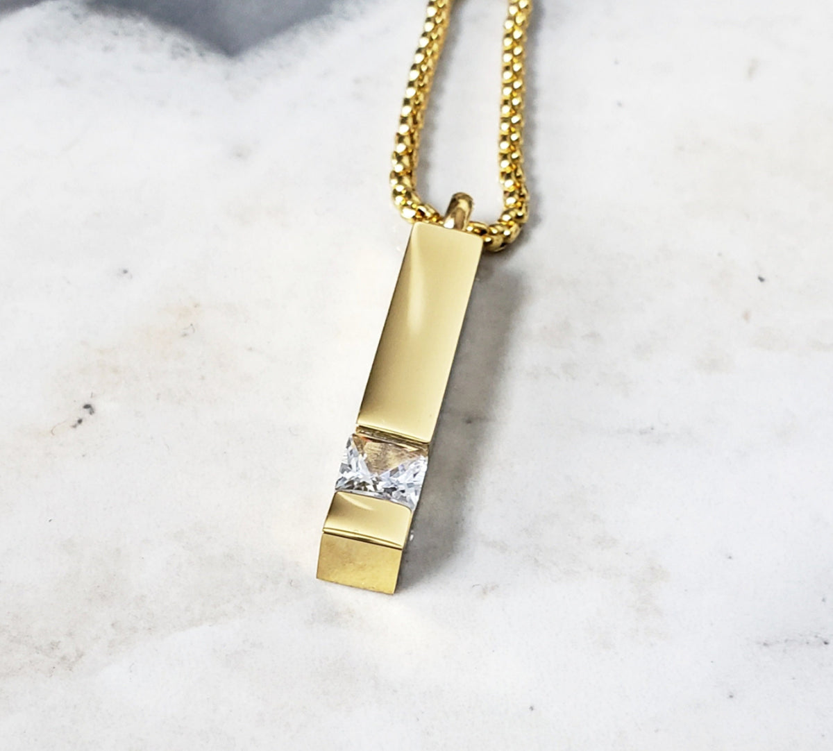 Men's "GOLD CZ BAR" Necklace| Men's Gold Stainless Steel Cubic Zirconia Bar Tag Pendant Necklace| Mens Gold Cubic Zirconia Bar Necklace