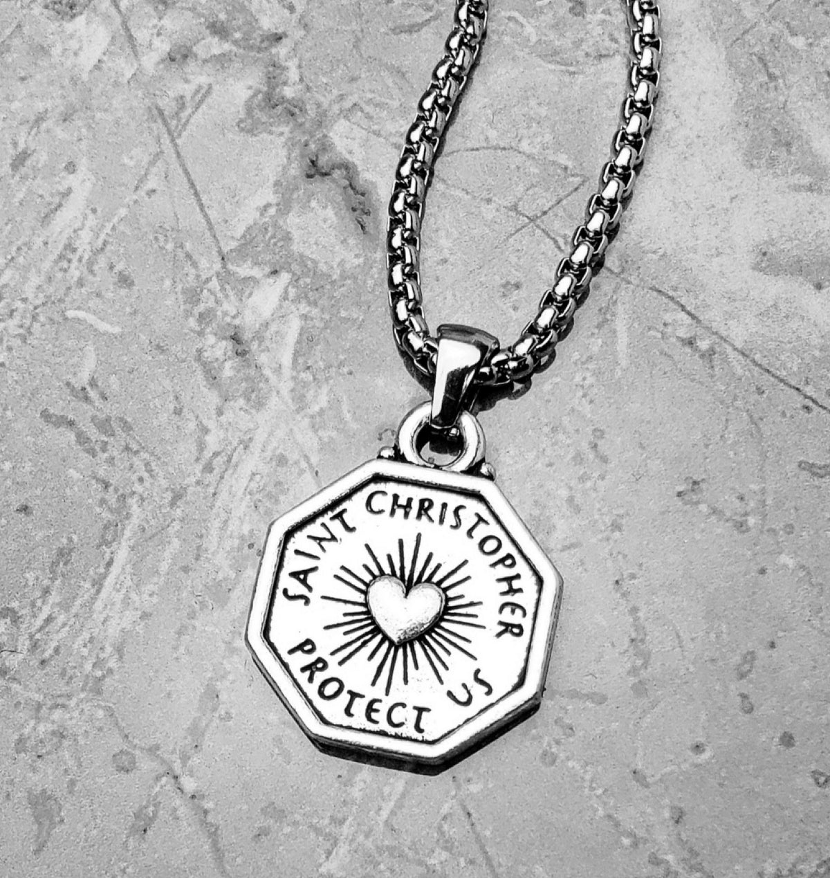 Men's "SAINT CHRISTOPHER AMULET" Necklace| Men's Silver Stainless Steel Saint Christopher Amulet Pendant Necklace| Mens Chain Necklace